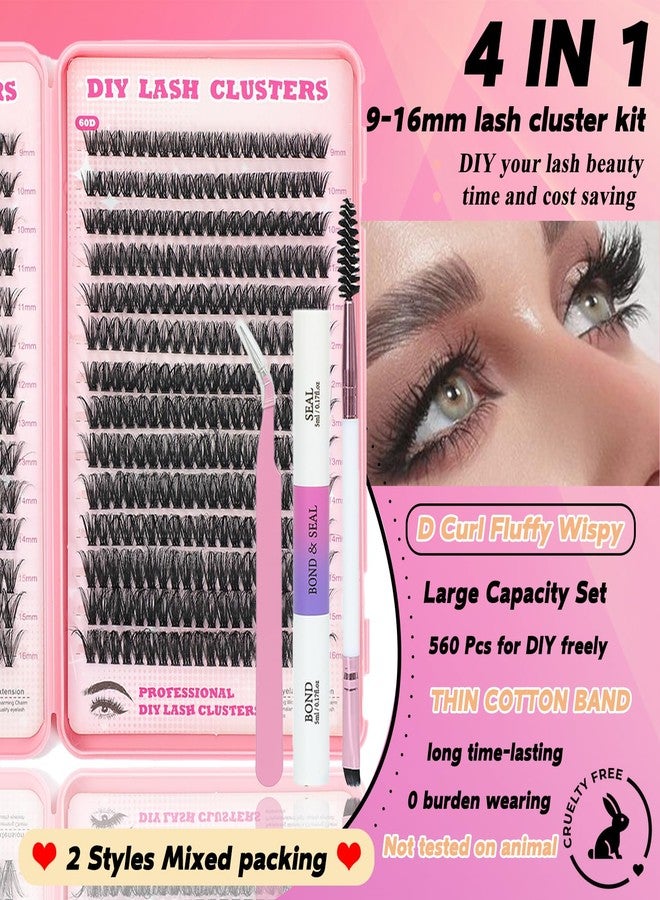 ISTGIFT Lash Clusters Kit, 560 Pcs Eyelashes Clusters Kit 9-16mm Individual Lash Extension Kit D Curl Fluffy Wispy False Eyelashes (50D+60D New, Lash Clusters Kit) - Image 2